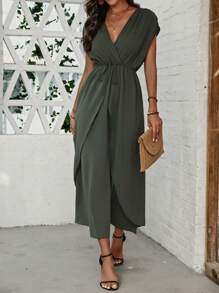 Breezaya Women's Solid Color Batwing Sleeve Wrap Dress - Army Green - View 2