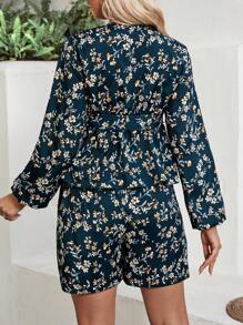 SHEIN 孕妇花卉印花系带上衣搭配短裤两件套 - 墨綠色 - 查看 2