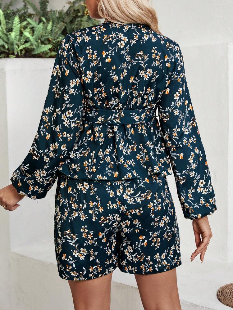 Maternity Flower Print Tie Front Top With Shorts 2 Pieces Set
