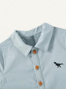 Cozy Pixies Baby Boy Casual Dinosaur Pattern Short-Sleeved Jumpsuit With Turn-Down Collar - Green - View 4