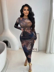 SHEIN SXY 女士圓領修身連身裙 - 黑色 - 查看 7
