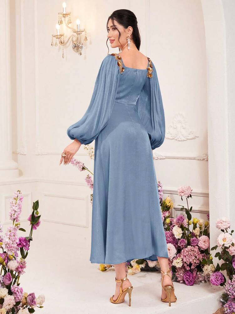 Stitching Woven Tape Lantern Sleeves Empire Waist Dress Long Evening Dresses