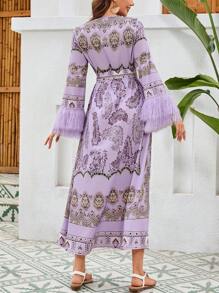 Seusyu Ladies' Paisley Print Fuzzy Cuff Wrap Belted Dress () - Mauve Purple - View 2