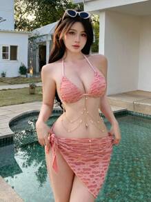 DAZY 女士纹理挂脖比基尼套装 夏季沙滩装、吊带泳衣 节日度假装 - 粉色 - 查看 2