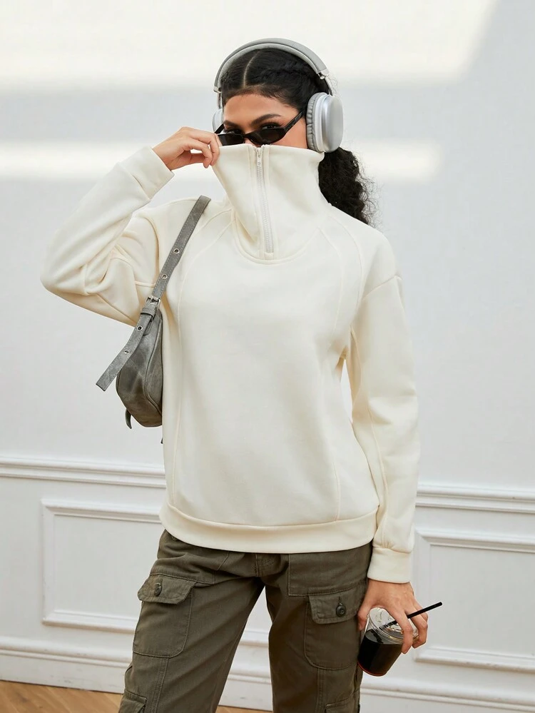 Women's Half Zipper Sweatshirt With Dropped Shoulder Sleeves