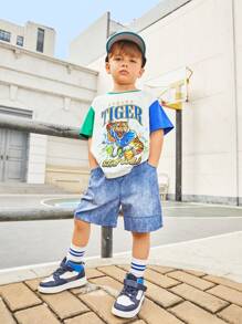 SHEIN Young Boys' Loose Fit Casual Round Neck Color Block T-Shirt With Letter Print