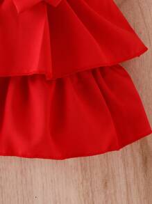 Baby Girl Lace Collar Puff Sleeve Top And Ruffle Hem Dress Set - Red - View 8