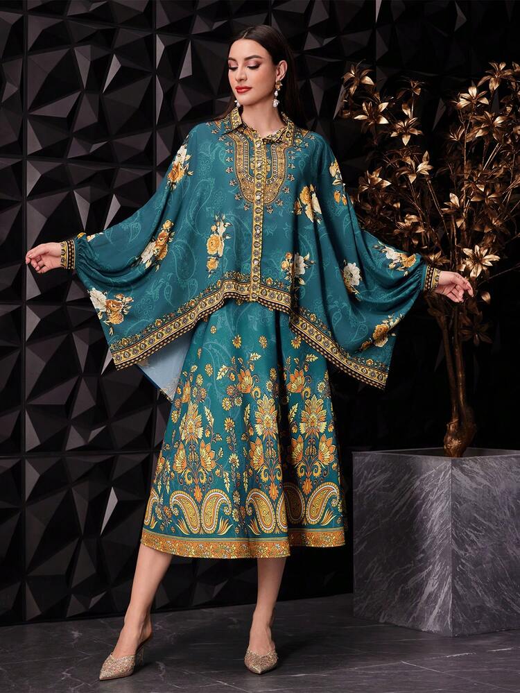 Elegant Women's Loose Fit Batwing Sleeve Floral Printed Western Blouse