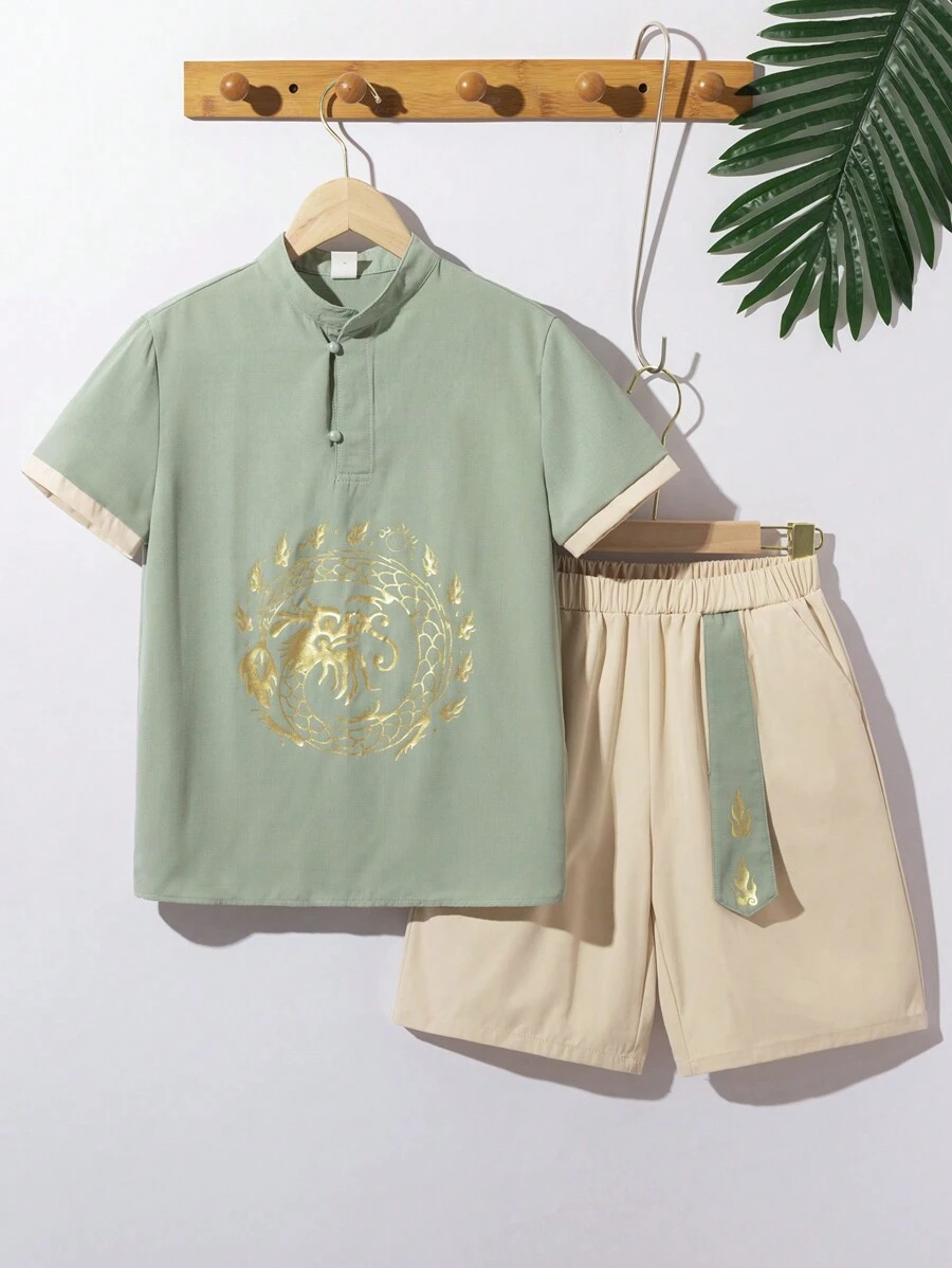 SHEIN 青少年男孩休闲立领短袖衬衫和短裤套装(中国风) - 綠色 - 查看 1