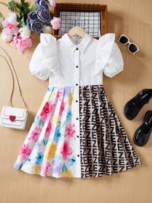 SHEIN Tween Girls' Loose Fit Colorblock Dress Featuring Fresh Flower Pattern Patchwork And Letter Print Collar