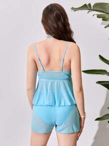 Teen Girl Shoulder Strap Ruffle Hem Sleeveless Tankini Set Summer Beach - Blue - View 2