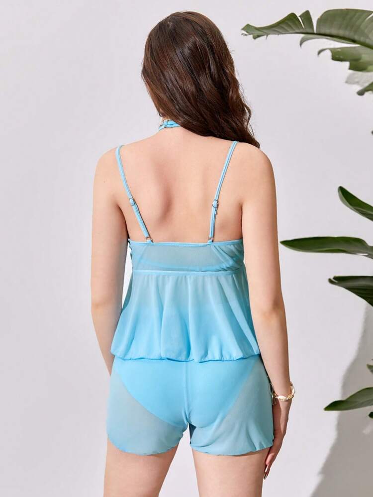 Teen Girl Shoulder Strap Ruffle Hem Sleeveless Tankini Set Summer Beach