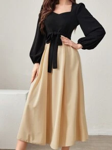 Mulvari 女士纯色甜心领灯笼袖连衣裙长款女装