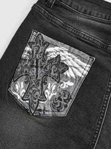 ROMWE Goth Women's Wing Pattern Printed Pocket Denim Shorts - Dark Grey - View 3