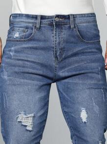 Manfinity LEGND Men's Plus Size Distressed Washed Jeans - Medium Wash - View 4