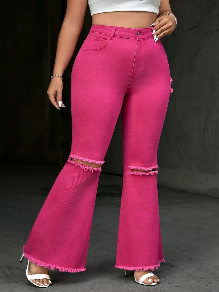 SHEIN Essnce Plus Size Y2k Style Distressed Elastic Pink Denim Flare Pants, Great For Vacation Or Valentine's Day - Pink - View 1