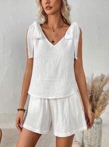 SHEIN LUNE 實色紋理背心和短褲2件套裝 - 白色 - 查看 4