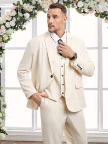 Manfinity NXTstreet 男裝大尺碼3入組編織休閒西裝,包括1件翻領長袖西裝外套、1件單排釦背心和1件斜口袋正裝長褲 - 卡其色 - 查看 5