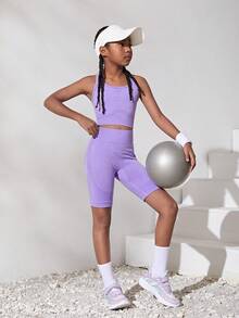 SHEIN 女青少年縫合針織提花賽車背心和短褲套裝 - 彩色 - 查看 4