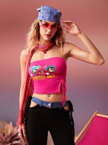 THE POWERPUFF GIRLS X SHEIN Hình ảnh hoạt hình và chữ cái Dây rút Xù Ống ngọn - Màu Hồng Tươi - Xem 6