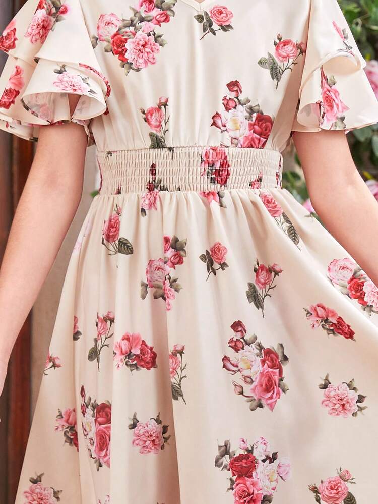 Tween Girl V-Neck Tiered Ruffle Sleeve Waist Gathered Floral Print Dress, Mommy And Me Matching Outfits (2 Pieces Sold Separately)
