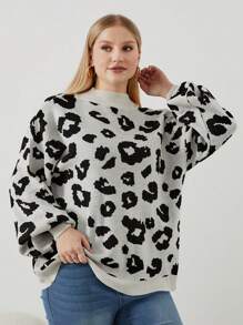 SHEIN Cottnline Suéter De Talla Grande Con Estampado De Leopardo Y Mangas De Lámpara - Blanco - Ver 3