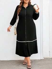 Mulvari 女士加大號色塊拉鍊寬鬆休閒連衣裙 - 黑色 - 查看 6