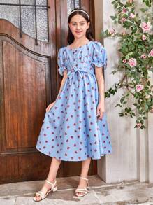SHEIN Tween Girls' Sweetheart Collar, Puff Sleeve, Decorative Button, Ditsy Floral Printed Dress