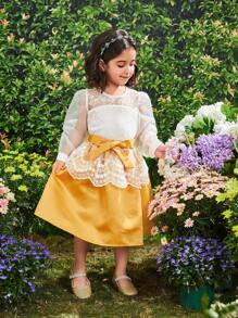 SHEIN 少女圓領燈籠袖網紗刺繡上衣配雙層裙擺裙2件套裝 - 彩色 - 查看 5