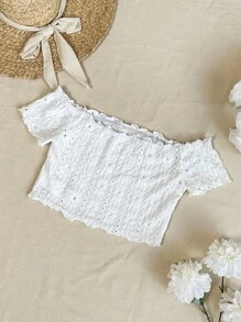 Soleia 女式度假休閒露肩鏤空刺繡短上衣 - 白色 - 查看 4