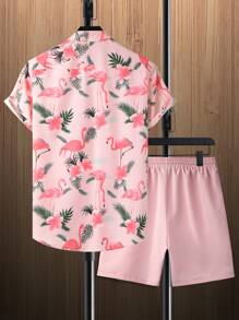Manfinity RSRT 2pcs Men's Flamingo Print Short Sleeve Shirt Set - Baby Pink - View 7