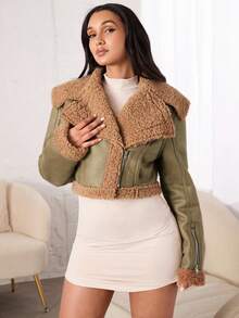 SHEIN BAE Áo khoác nữ màu kaki phối da và lông thú, thích hợp cho đêm Giáng sinh. - Màu Khaki - Xem 6