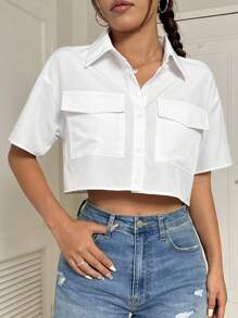 Flirla 女士纯色落肩短袖工装衬衫，带口袋，短袖上衣