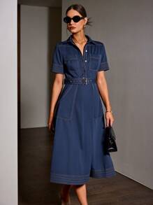 Women's Spring/Summer Denim Effect Collared Colorblock Button Front Pocket Belt Casual Short Sleeve Dress, Retro Style - Blue - View 5