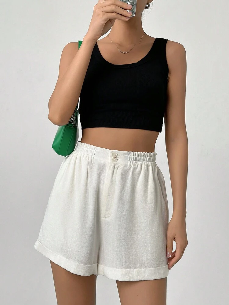 Ladies' Casual Solid Color Button Closure Linen Shorts