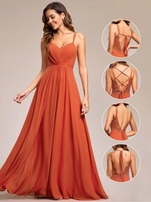 Elegant Chiffon Backless Floral Embroidery Tangerine Bridesmaid Dress - Burnt Orange - View 11
