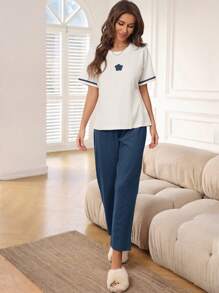 Floral Print Striped Trim Drop Shoulder Top & Pants Lounge Set Outfit - Navy Blue - View 4