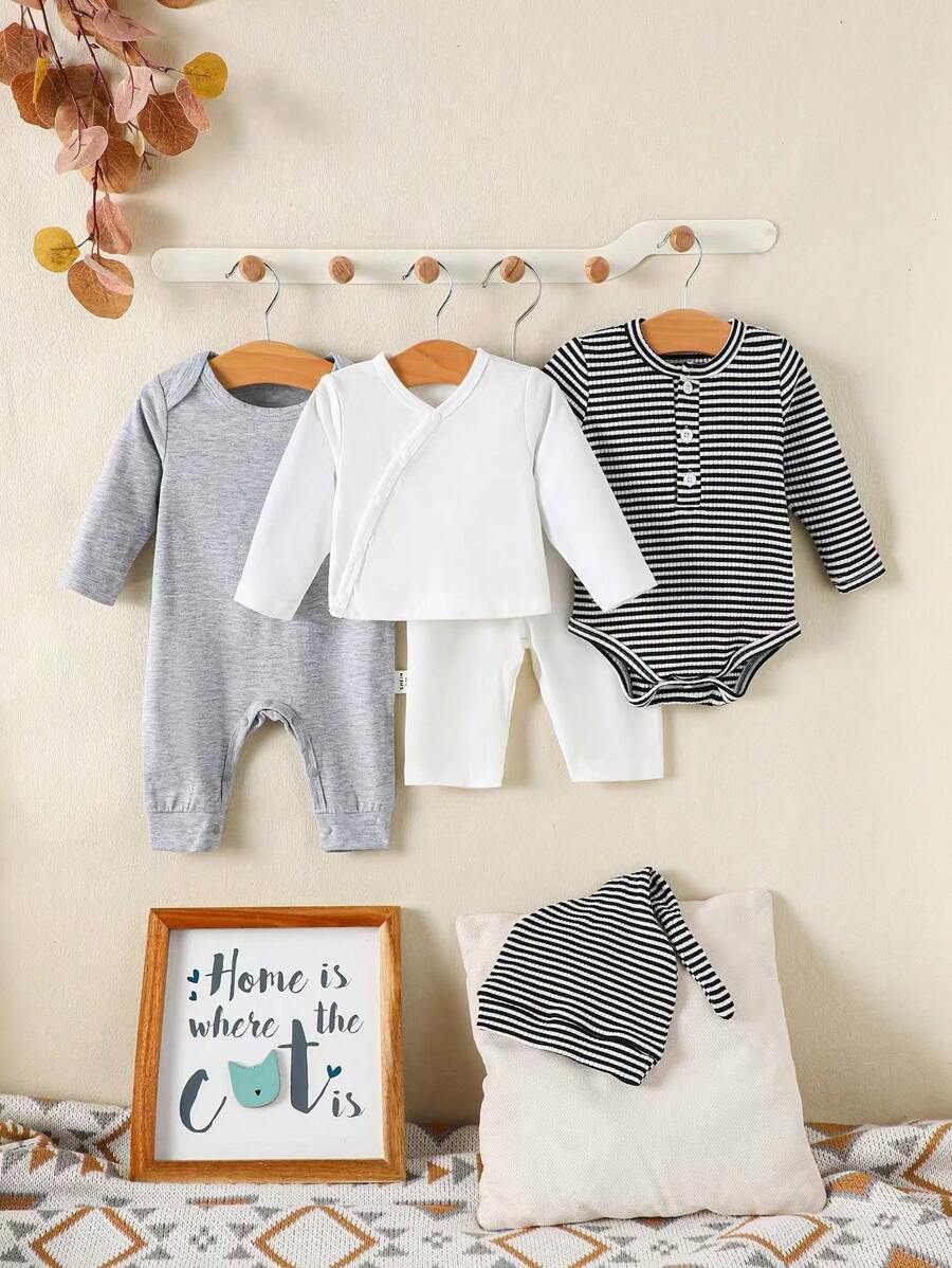 SHEIN 5入組可愛嬰兒男童家居服套裝,包括長袖、長褲、披風開領吊帶裝和帽子 - 彩色 - 查看 1