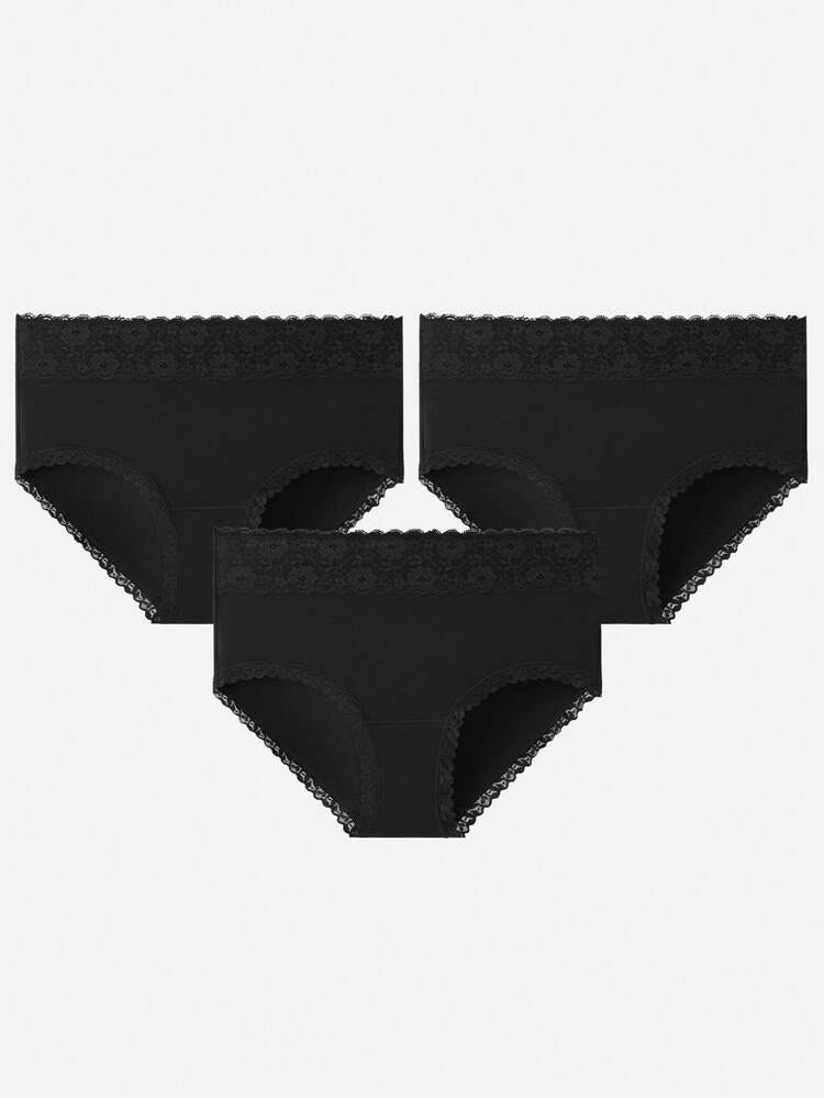 3-Pack Mid Waist Airy Cotton Basic Lingerie Briefs Lace Trim Women Underwear Panties Set-All Black