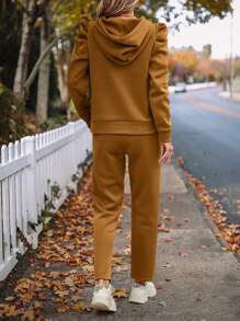 SHEIN LUNE Của phụ nữ Ống tay áo Dây rút Áo nỉ có mũ Và Quần thể thao Bộ - màu nâu - Xem 2