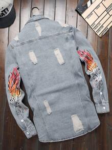 Manfinity Roghcode Men's Ripped Dragon Head Printed Denim Shirt - Blue - View 1