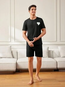 1套男士心形圖案短袖T恤和短褲家居服 - 黑色 - 查看 5