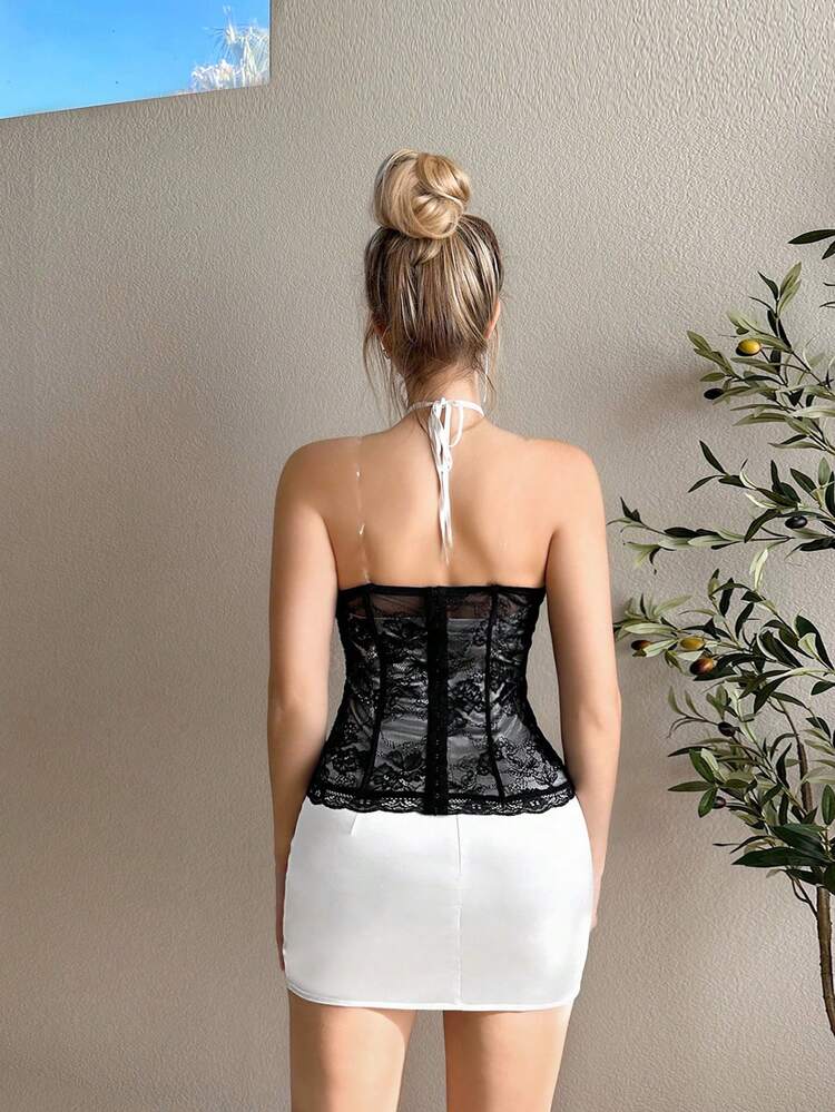 Hollow Out Lace Spliced Halter Top And Skirt Two Pieces Set