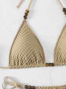 SHEIN Swim Summer Solid Color Textured Bikini Set With Studs Detail And Halter Neck Strap - Khaki - View 3