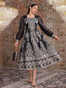 Modelyn Women's Full Print Puff Sleeve Dress - Black - View 3