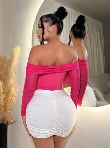 SHEIN SXY Của phụ nữ Gợi cảm Lưới Vòng cổ Áo ngoài vai Cho mùa hè Kỳ nghỉ - Màu Hồng Tươi - Xem 2