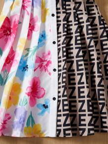 SHEIN Tween Girls' Loose Fit Colorblock Dress Featuring Fresh Flower Pattern Patchwork And Letter Print Collar