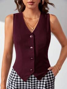 SHEIN Tall Áo vest không tay một hàng khuy cổ chữ V cho nữ mùa thu/đông - Màu Tím - Xem 1