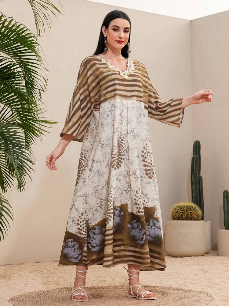 Ladies' Arabian Printed Batwing Sleeve Dress Kaftan Jalabiya Dress