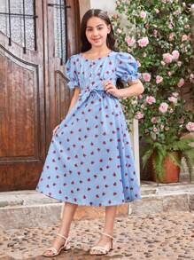 SHEIN Tween Girls' Sweetheart Collar, Puff Sleeve, Decorative Button, Ditsy Floral Printed Dress